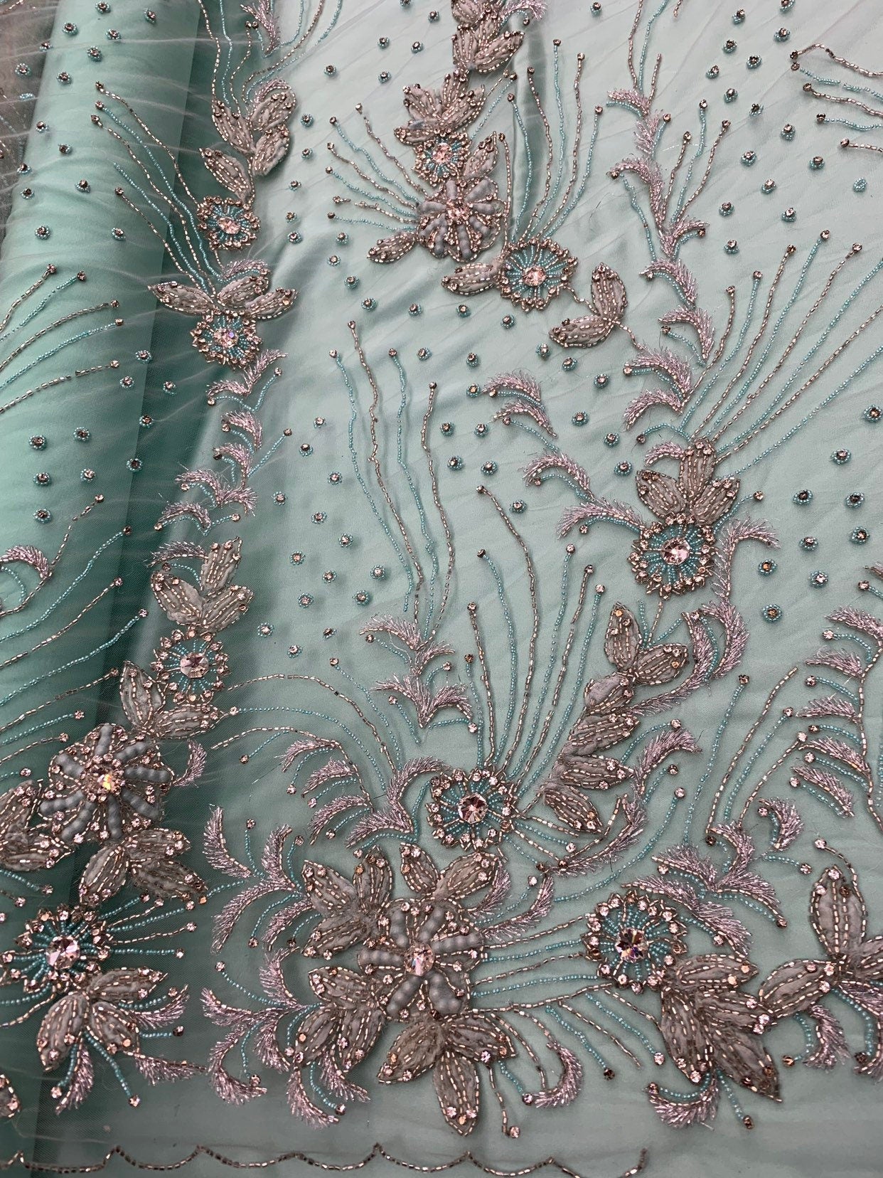 New Jlo design embroidery lace beaded lace by the YD. 54/55" crystal pearls all over 2way stretch. Ships worldwide from Los Angeles CA USA.
