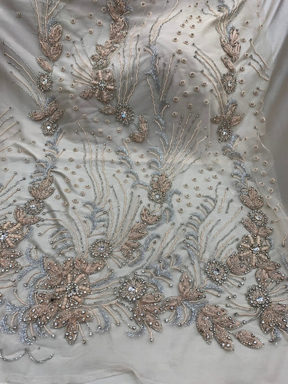 New Jlo design embroidery lace beaded lace by the YD. 54/55" crystal pearls all over 2way stretch. Ships worldwide from Los Angeles CA USA.