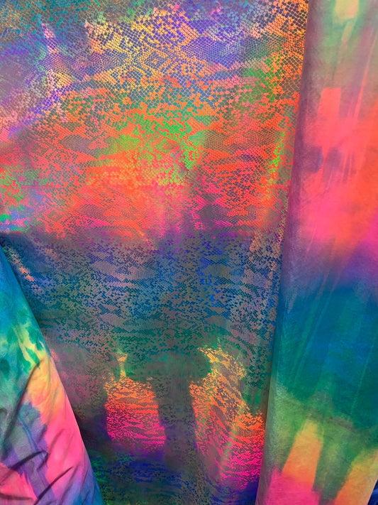 New metallic nylon spandex tie dye iridescent snake foil 4way stretch 58/60" Sold by the YD. Ships worldwide from Los Angeles California USA