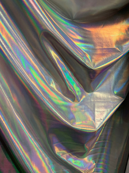 NEW Iridescent all over foil on nylon spandex 4way stretch 58/60" Shining Iridescent foil white/silver Sold by the YD. Ships worldwide.