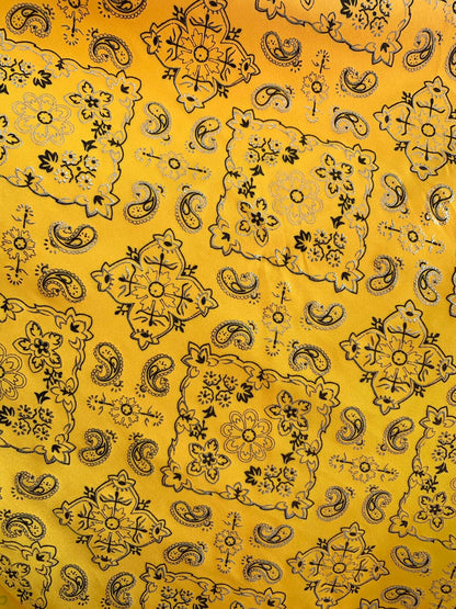New metallic Bandana paisley design 4 Way Stretch 58/60” Sold by the YD. Ships worldwide from Los Angeles California USA.