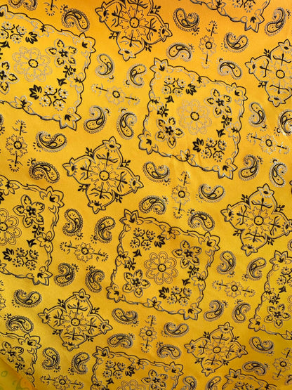 New metallic Bandana paisley design 4 Way Stretch 58/60” Sold by the YD. Ships worldwide from Los Angeles California USA.