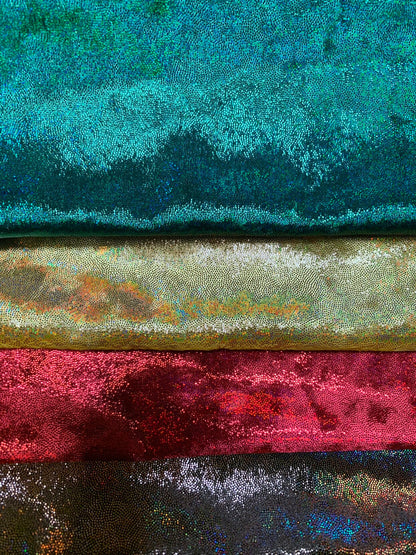 New oil slick iridescent foggy foil on stretch velvet 4-way stretch 58/60” Sold by the YD. Ships worldwide from Los Angeles California USA.