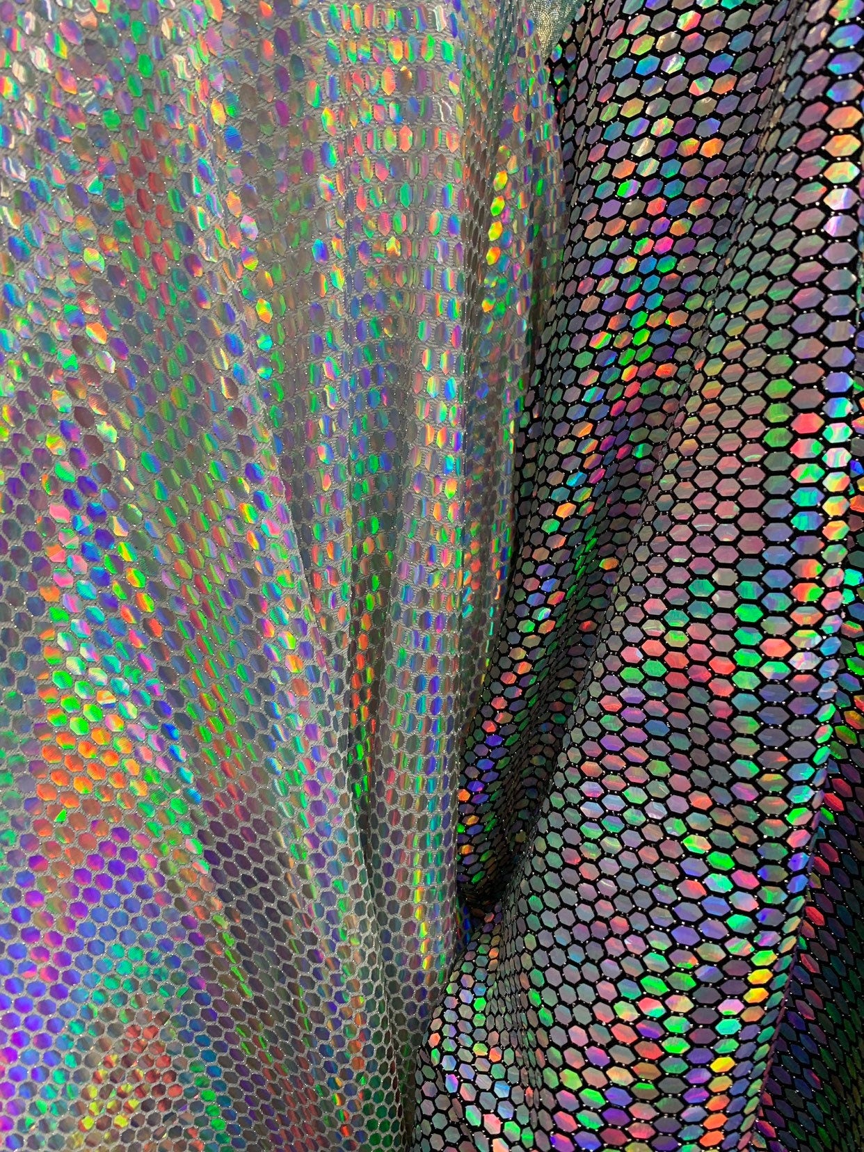 New Geometric iridescent sequins metallic base 4-way stretch 58/60" Sold by the YD. Ships worldwide from Los Angeles California USA.