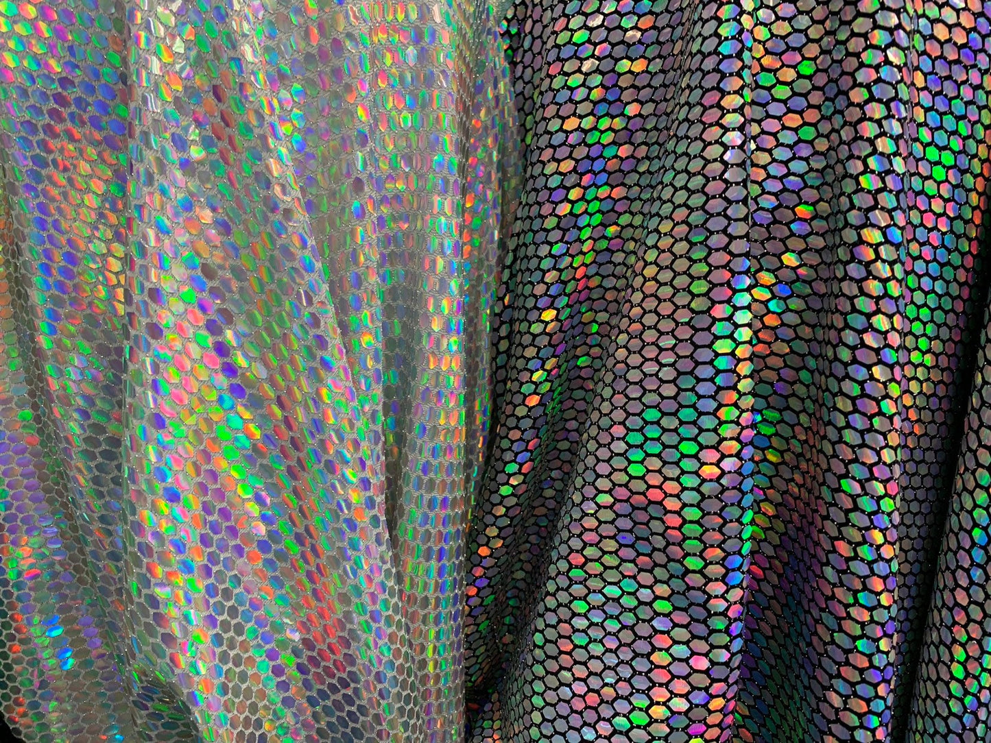 New Geometric iridescent sequins metallic base 4-way stretch 58/60" Sold by the YD. Ships worldwide from Los Angeles California USA.