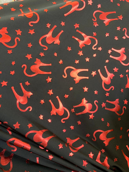 New Halloween cat design Metallic spandex 4way stretch 58/60" Sold by the YD. Ships worldwide from Los Angeles California USA.