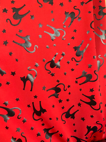New Halloween cat design Metallic spandex 4way stretch 58/60" Sold by the YD. Ships worldwide from Los Angeles California USA.