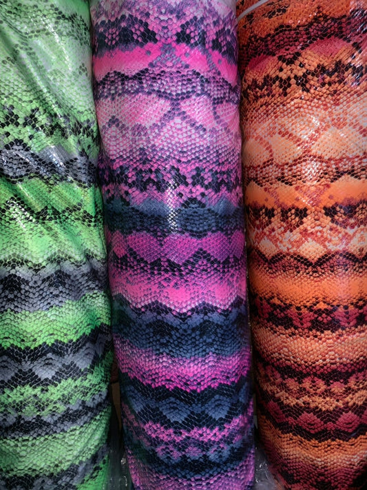New exotic snake design poly spandex 4-way stretch with clear foil 58/60" Sold by the YD. Ships worldwide from Los Angeles California USA.