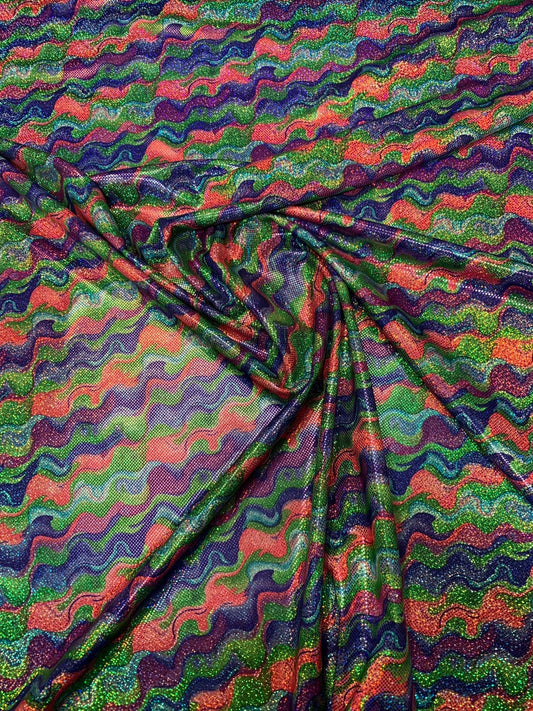 Lava design hologram metallic nylon spandex purple/lavender/green 4way stretch 58/60" Sold by the YD. Ships worldwide from Los Angeles CA.