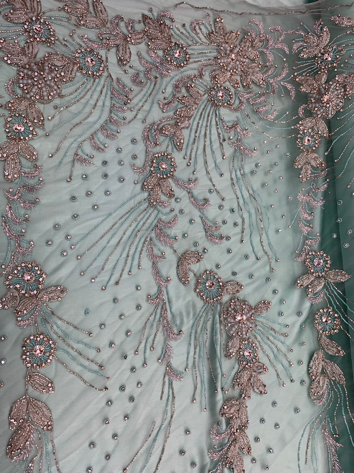 New Jlo design embroidery lace beaded lace by the YD. 54/55" crystal pearls all over 2way stretch. Ships worldwide from Los Angeles CA USA.