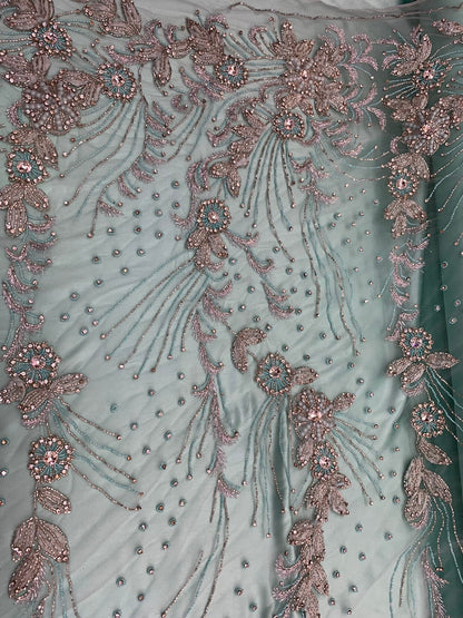 New Jlo design embroidery lace beaded lace by the YD. 54/55" crystal pearls all over 2way stretch. Ships worldwide from Los Angeles CA USA.