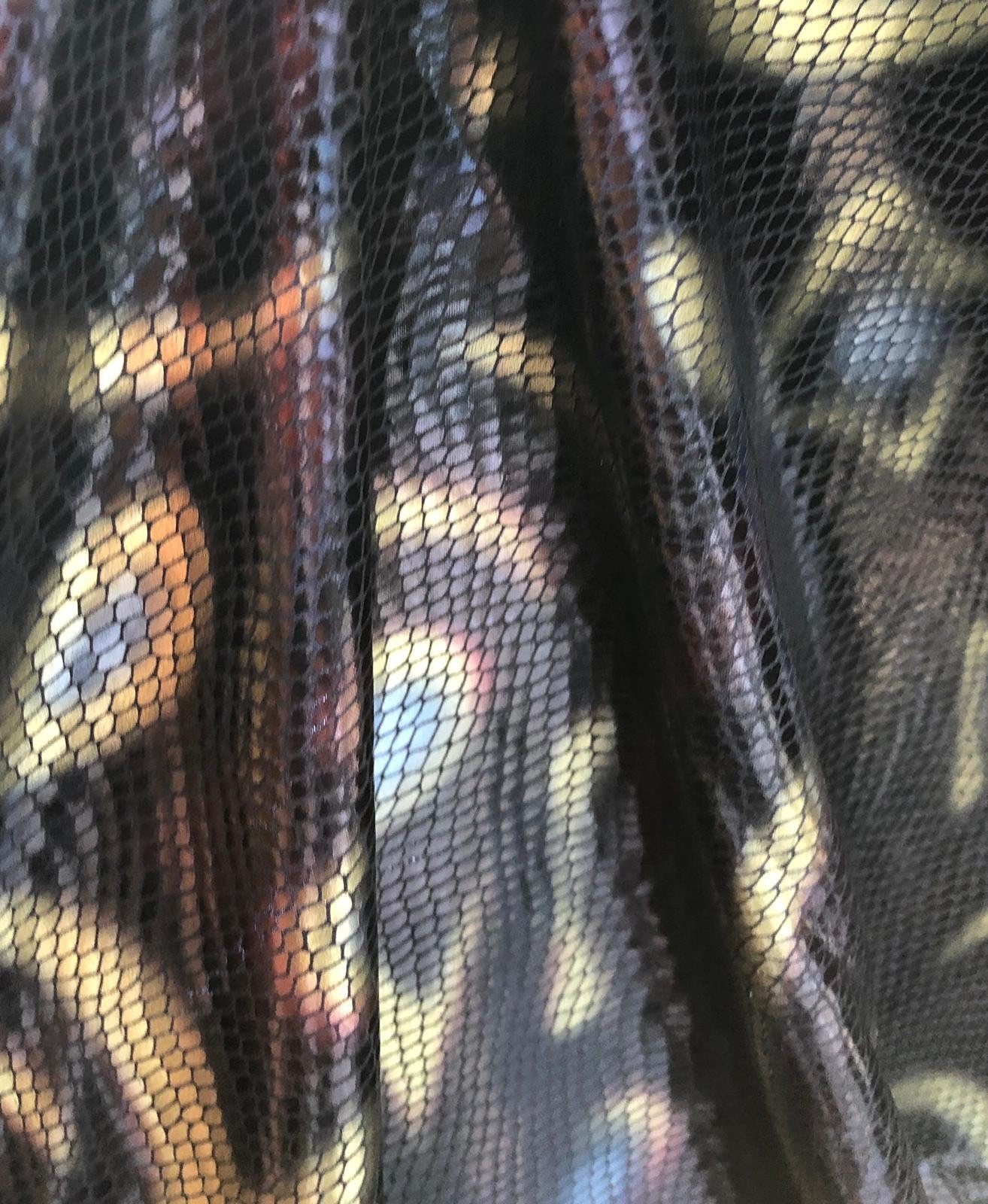New snake abstract design metallic nylon spandex 4way stretch 58/60" Sold by the YD. Ships worldwide from Los Angeles California USA.