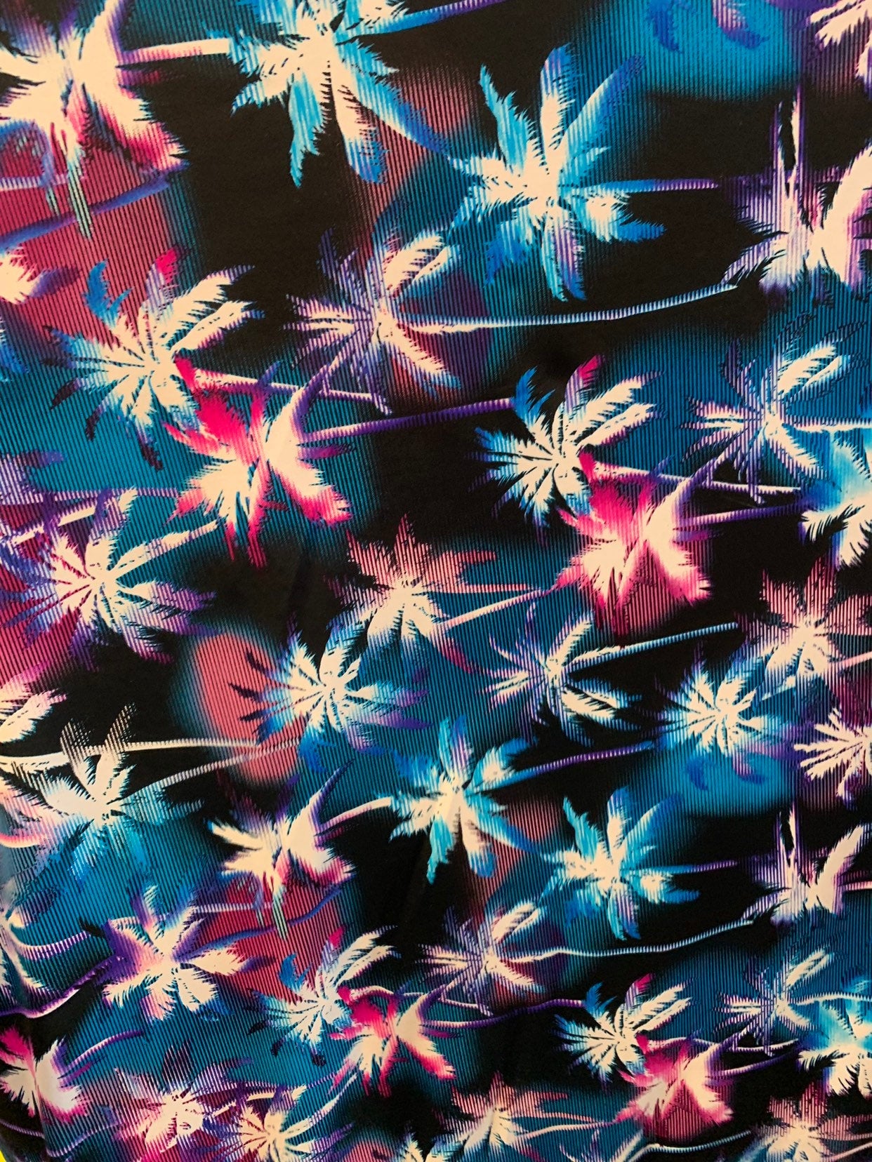 New tropical palm tree design print on nylon spandex 4way stretch 58/60" Sold by the YD. Ships worldwide from Los Angeles California USA.