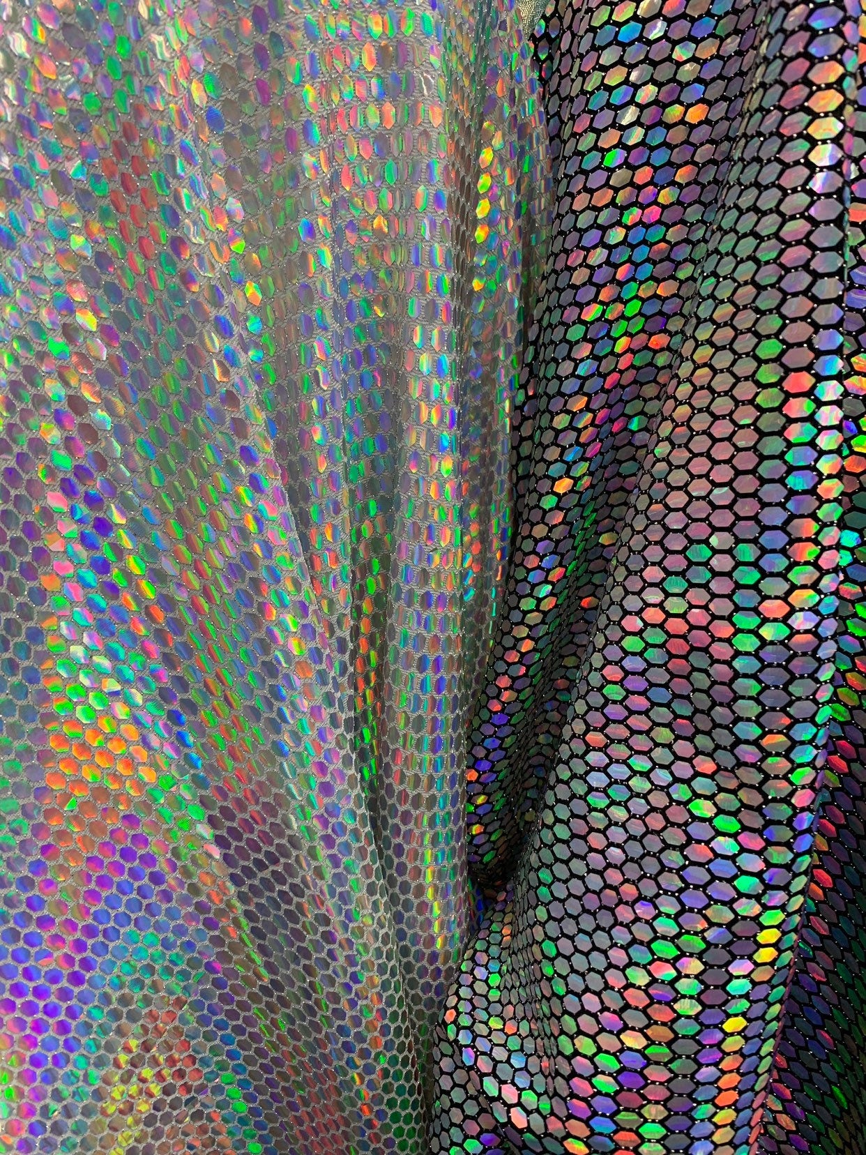 New Geometric iridescent sequins metallic base 4-way stretch 58/60" Sold by the YD. Ships worldwide from Los Angeles California USA.