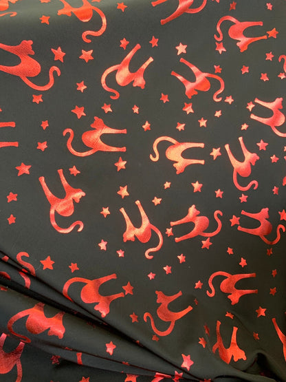 New Halloween cat design Metallic spandex 4way stretch 58/60" Sold by the YD. Ships worldwide from Los Angeles California USA.