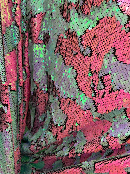 New mermaid reversible sequins aqua/ coral pink Iridescent 2tone sequins on stretch base 2 way 57/58" Sold by the YD. Ships worldwide