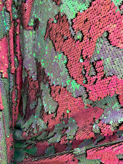 New mermaid reversible sequins aqua/ coral pink Iridescent 2tone sequins on stretch base 2 way 57/58" Sold by the YD. Ships worldwide