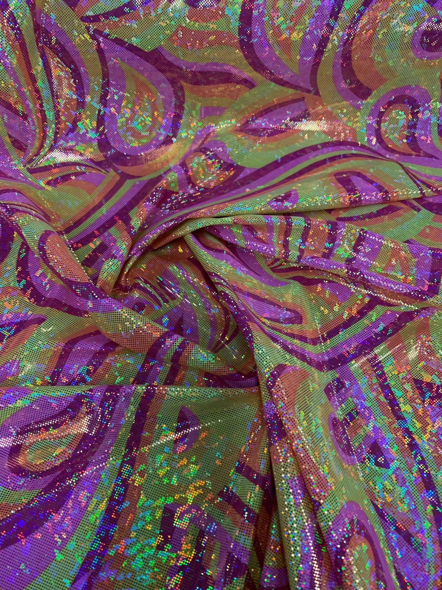 New Modern Paisley Design Hologram Metallic Nylon Spandex 4-Way Stretch 58/60" Sold By The Yd. Ships Worldwide From Los Angeles California.
