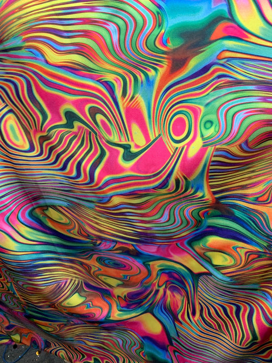 New Neon abstract design multicolor lava print on nylon spandex 4way stretch 58/60" Sold by the YD. Ships worldwide from Los Angeles CA