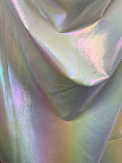 New Lacer Foil Iridescent White Unicorn Metallic Spandex 4-Way 58/60" Sold By The YD. Ships Worldwide From Los Ángeles California USA.