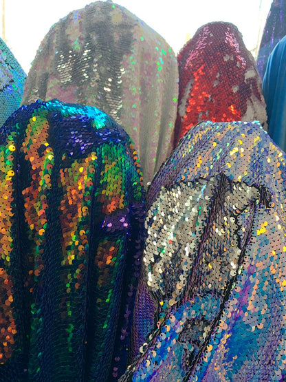 Mermaid iridescent sequins 2tone reversible sequins on spandex base 2-way stretch 58/60" Sold by the YD. Ships worldwide from Los Angeles CA