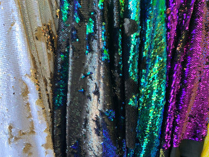 Mermaid iridescent sequins 2tone reversible sequins on spandex base 2-way stretch 58/60" Sold by the YD. Ships worldwide from Los Angeles CA