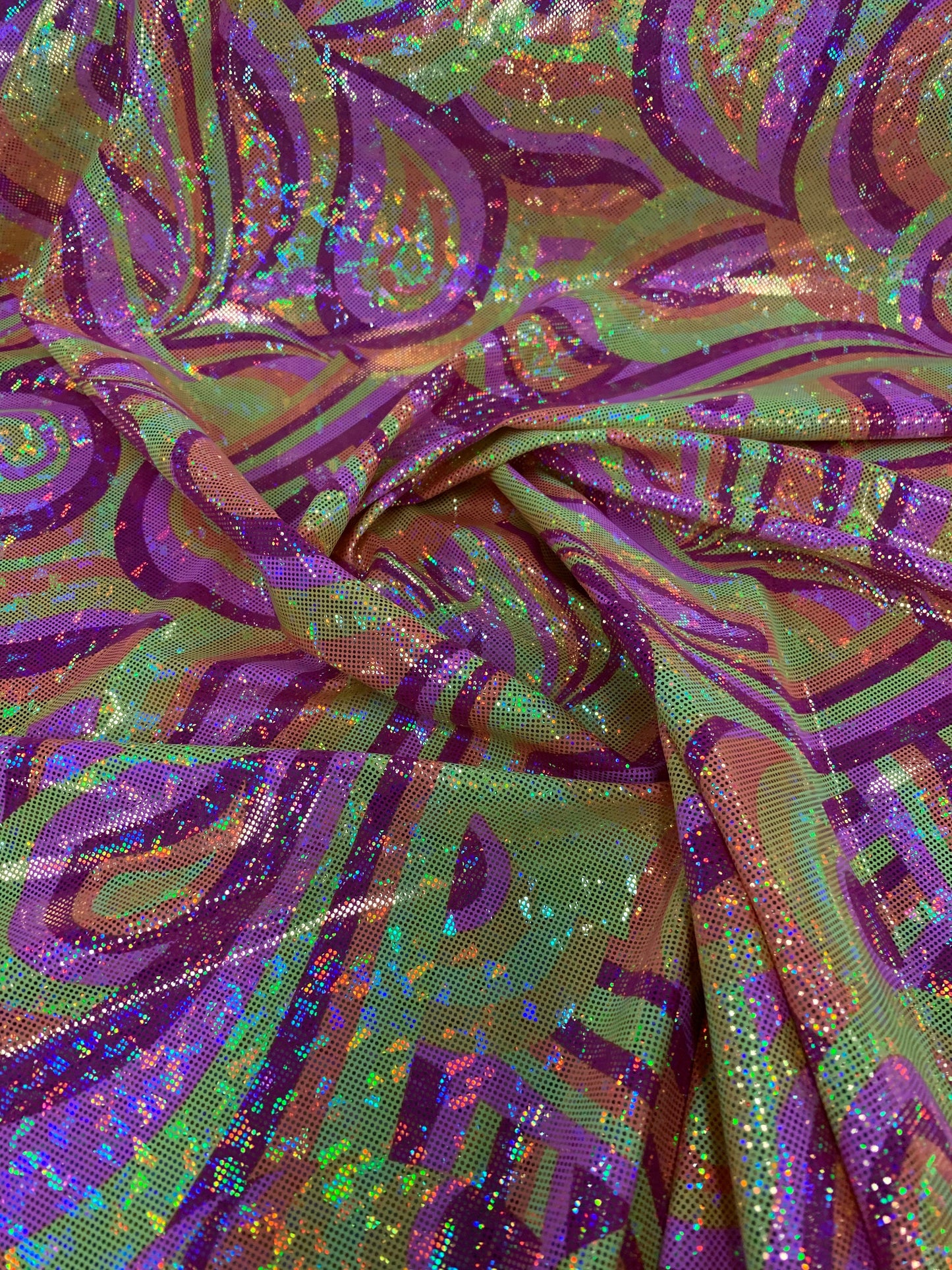 New Modern Paisley Design Hologram Metallic Nylon Spandex 4-Way Stretch 58/60" Sold By The Yd. Ships Worldwide From Los Angeles California.