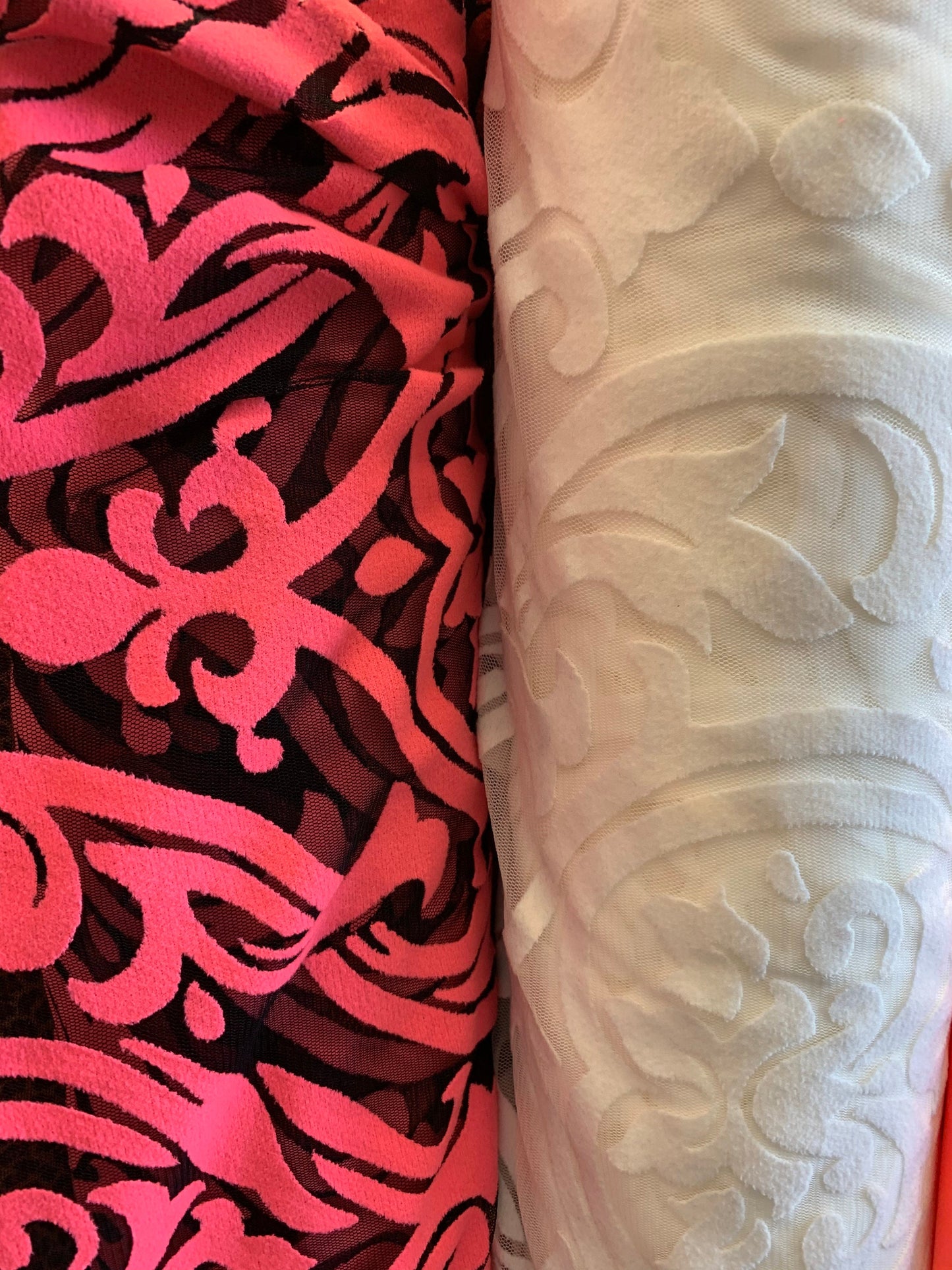 New Stretch mesh with flocking Damask design 58/60” 4-way stretch 58/60” Sold by the YD. Ships worldwide from Los Angeles California USA.