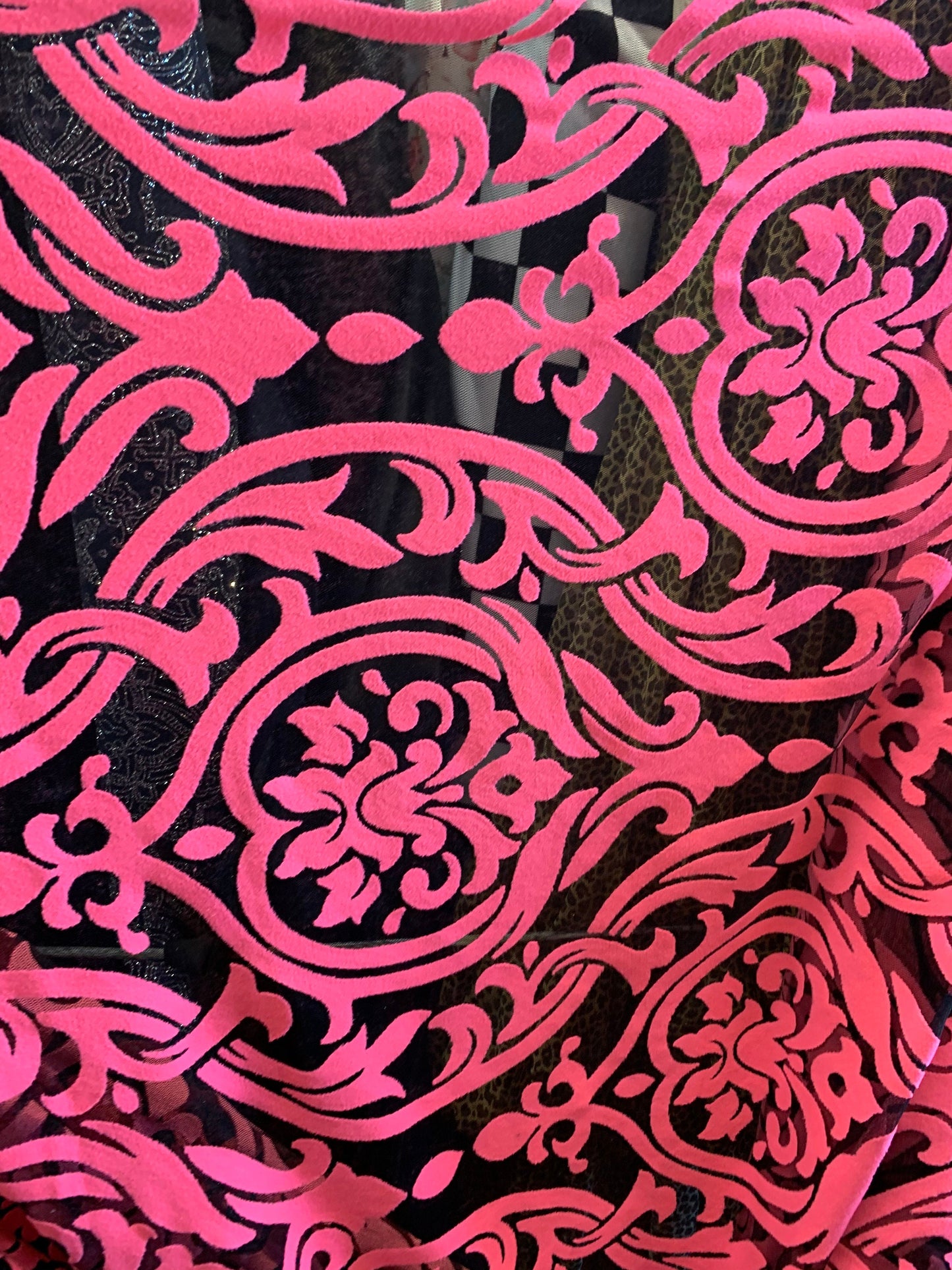 New Stretch mesh with flocking Damask design 58/60” 4-way stretch 58/60” Sold by the YD. Ships worldwide from Los Angeles California USA.
