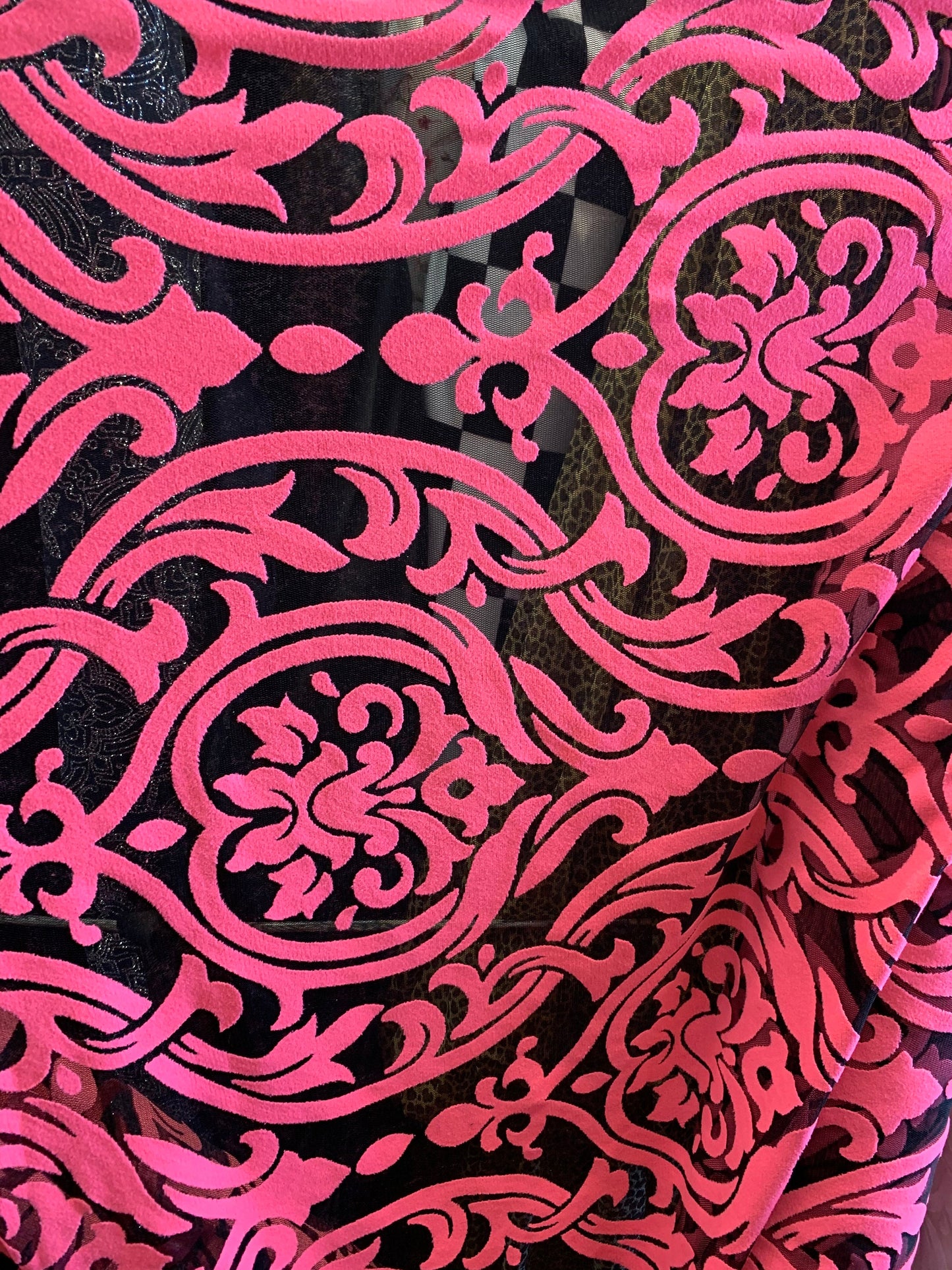 New Stretch mesh with flocking Damask design 58/60” 4-way stretch 58/60” Sold by the YD. Ships worldwide from Los Angeles California USA.