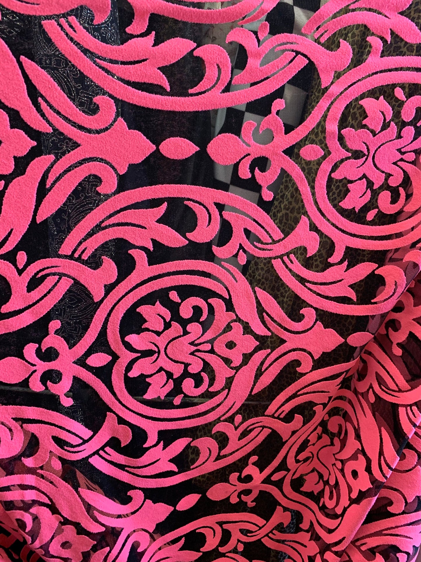 New Stretch mesh with flocking Damask design 58/60” 4-way stretch 58/60” Sold by the YD. Ships worldwide from Los Angeles California USA.