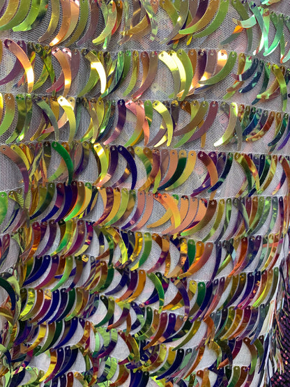 New  Iridescent sequins half moon design on stretch mesh 2-way 58/60” Sold by the YD. Ships worldwide from Los Angeles California USA.