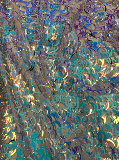 New  Iridescent sequins half moon design on stretch mesh 2-way 58/60” Sold by the YD. Ships worldwide from Los Angeles California USA.
