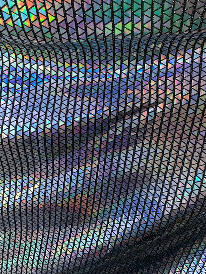 New triangle sequins Hologram Iridescent black on metallic base non stretch 58/60" Sold by the YD. Ships worldwide from Los Angeles C.A USA.