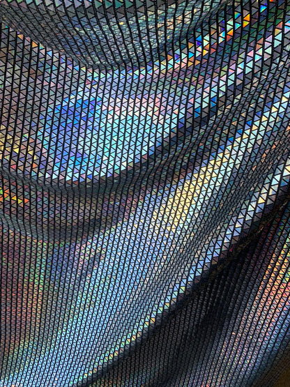 New triangle sequins Hologram Iridescent black on metallic base non stretch 58/60" Sold by the YD. Ships worldwide from Los Angeles C.A USA.