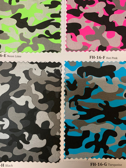 New camouflage 3-tone dull foil print on heavy nylon spandex 4-way stretch 58/60” Sold by the YD. Ships worldwide from Los Angeles CA.