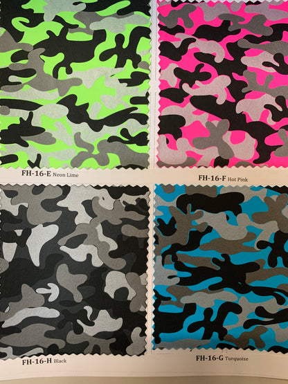 New camouflage 3-tone dull foil print on heavy nylon spandex 4-way stretch 58/60” Sold by the YD. Ships worldwide from Los Angeles CA.