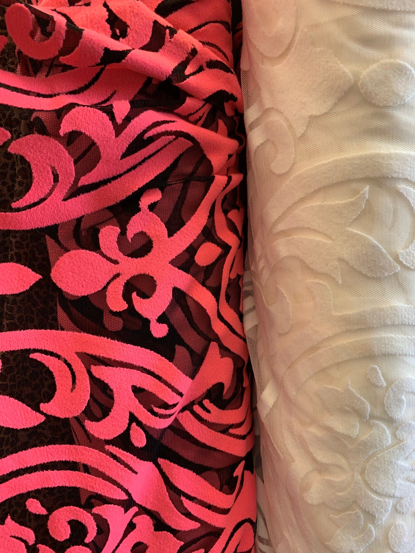 New Stretch mesh with flocking Damask design 58/60” 4-way stretch 58/60” Sold by the YD. Ships worldwide from Los Angeles California USA.