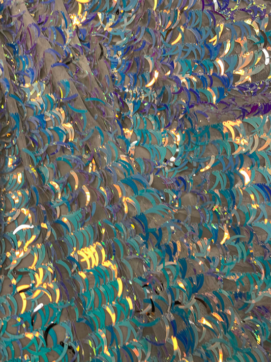 New  Iridescent sequins half moon design on stretch mesh 2-way 58/60” Sold by the YD. Ships worldwide from Los Angeles California USA.