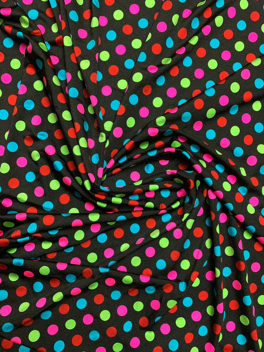 New nylon spandex polka dots multicolor medium size 4way stretch 58/60” Sold by the YD. Ships worldwide from Los Angeles California USA.