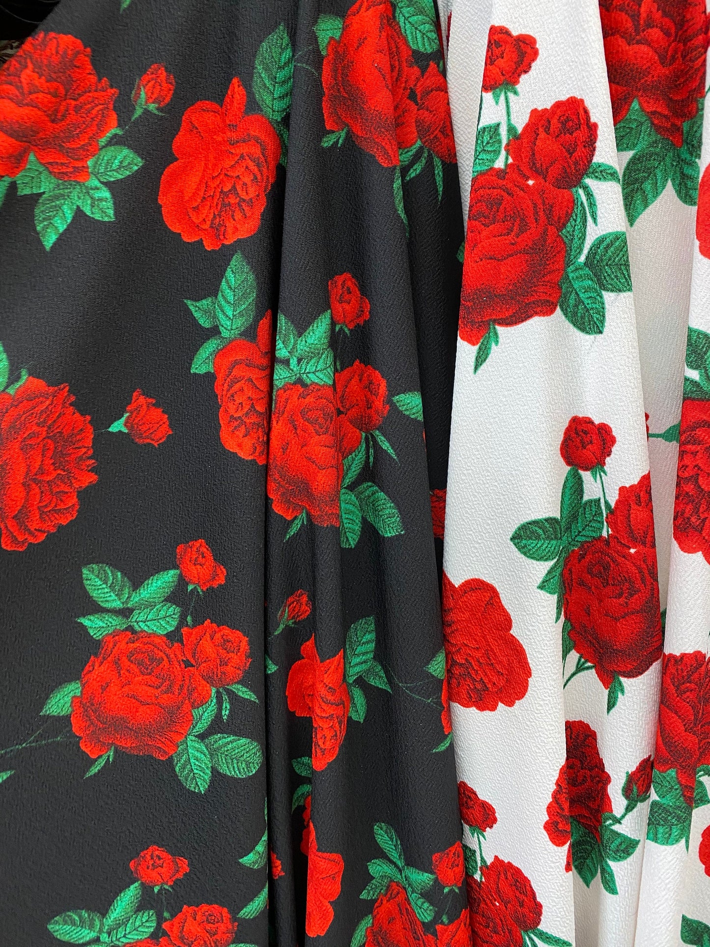 New poly spandex with roses design 4-way stretch 58/60” Sold by the YD. Ships worldwide from Los Angeles California USA.