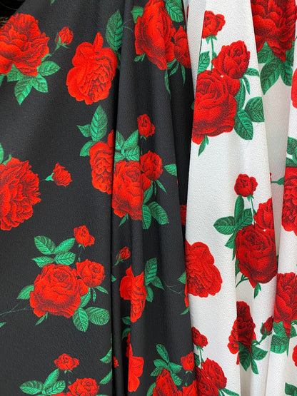 New poly spandex with roses design 4-way stretch 58/60” Sold by the YD. Ships worldwide from Los Angeles California USA.