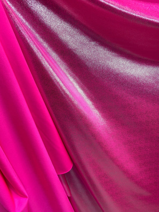 New foggy foil metallic nylon spandex neon pink/silver 4-way stretch 58/60” Sold by the YD. Ships worldwide from Los Angeles California USA.