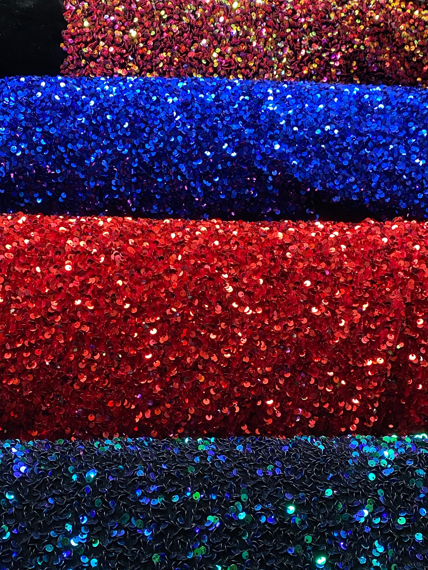 New stretch velvet with luxury sequins all over 5mm shining sequins 2-way stretch 58/60” Sold by the YD. Ships worldwide from Los Angeles CA