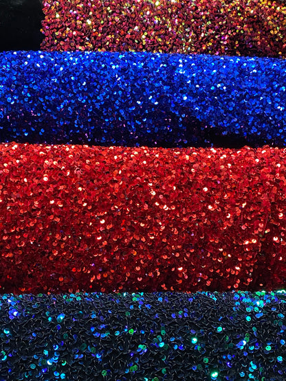 New stretch velvet with luxury sequins all over 5mm shining sequins 2-way stretch 58/60” Sold by the YD. Ships worldwide from Los Angeles CA