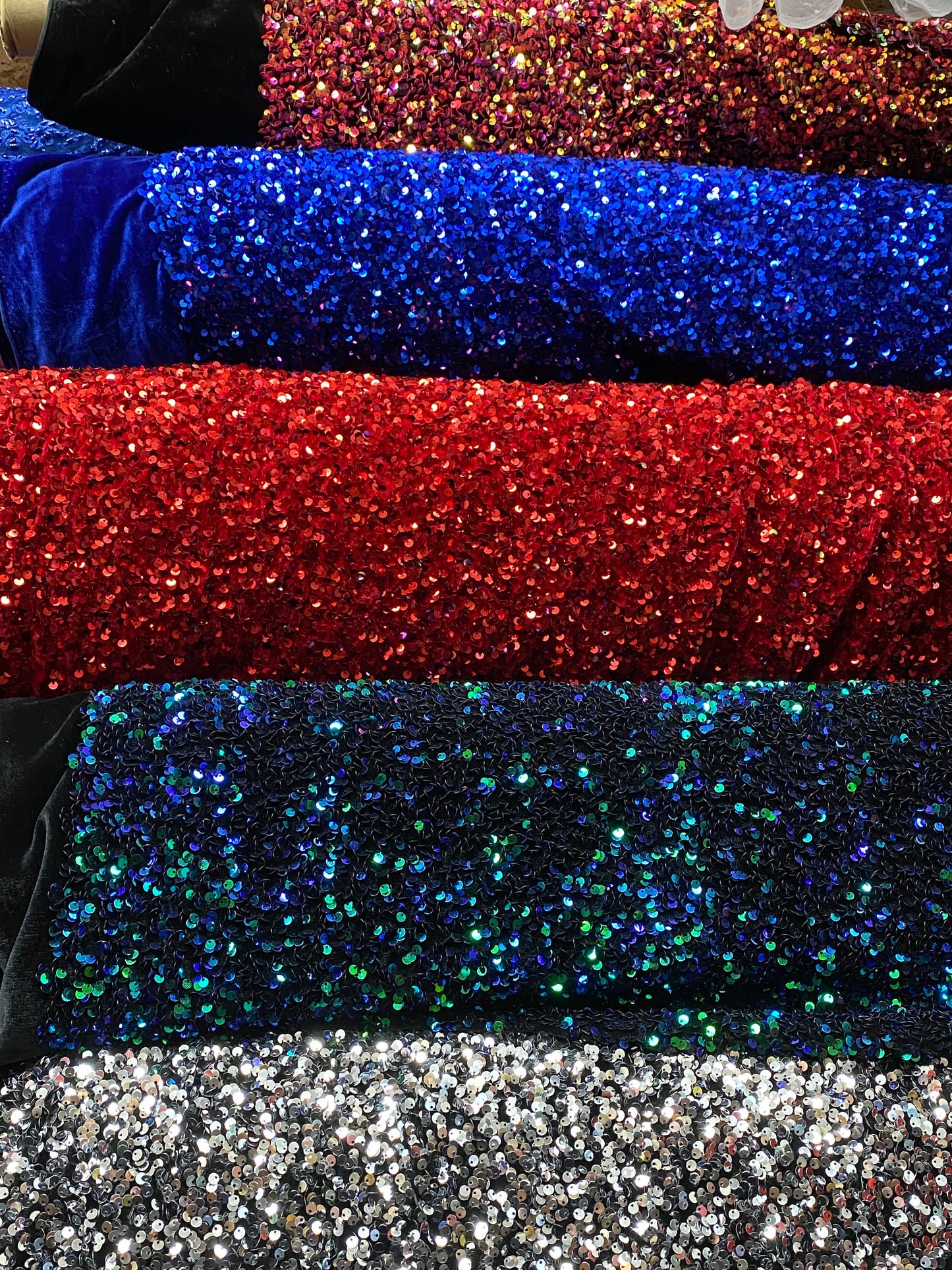 New stretch velvet with luxury sequins all over 5mm shining sequins 2-way stretch 58/60” Sold by the YD. Ships worldwide from Los Angeles CA