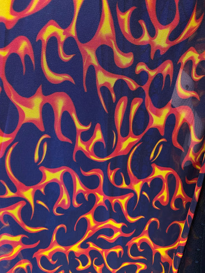 New power mesh Hot flames design nylon mesh 4-way stretch 58/60” Sold by the YD. Ships worldwide from Los Angeles California USA.