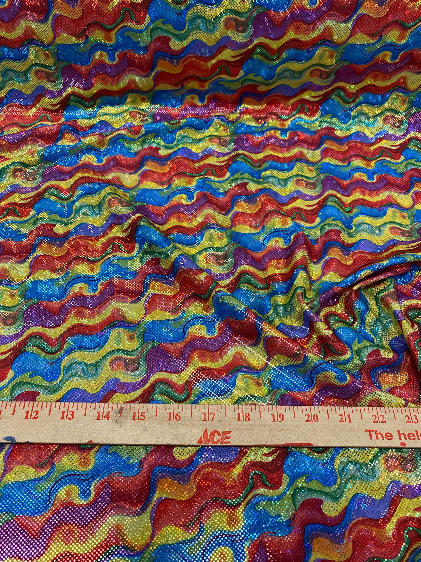 New shattered glass hologram multicolor lava design nylon spandex 4way stretch 58/60” Sold by the YD. Ships worldwide from Los Angeles CA US
