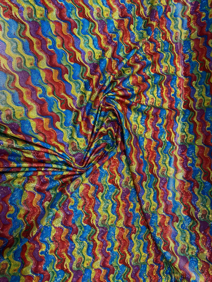 New shattered glass hologram multicolor lava design nylon spandex 4way stretch 58/60” Sold by the YD. Ships worldwide from Los Angeles CA US