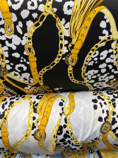New animal print with gold chain design print on poly spandex 2-way stretch medium weight 58/60” Sold by the YD. Ships worldwide from USA.
